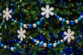 Christmas background. Blurred colorful lights on a green Christmas tree. Holiday decorations. Glowing bulbs, bokeh. Holiday mood Royalty Free Stock Photo