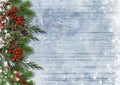 Christmas background with border of candy cane, firtree, holly Royalty Free Stock Photo