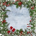 Christmas background with border of candy cane, firtree, holly Royalty Free Stock Photo