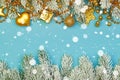 Christmas background border. Colorful Gold Xmas composition with snow