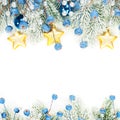 Christmas background border composition isolated on white. Xmas card with snowy Xmas tree twig, blue berries and golden stars Royalty Free Stock Photo