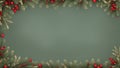 Christmas background with a border of fir branches, red baubles, pine cones Royalty Free Stock Photo