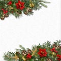 Christmas background with border of holly,poinsettia,fir tree, c Royalty Free Stock Photo