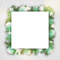 Christmas background with branches and white ornaments