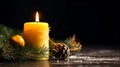 A burning candle, a cone and branches of a Christmas tree, generative AI. Royalty Free Stock Photo