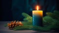 A burning candle, a cone and branches of a Christmas tree, generative AI. Royalty Free Stock Photo