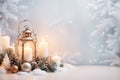 Christmas background, burning lantern candles decorated with frosted fir branches Royalty Free Stock Photo