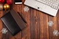 Christmas background for businessmen, leather notebook with black pen, laptop, phone and decorations Royalty Free Stock Photo