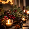 Christmas background with candles, spruce branches and red berries lying on a wooden table