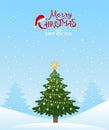 Christmas background for cards and greetings. Decorated Christmas tree in a winter snowy forest. New Year template in Royalty Free Stock Photo