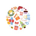 christmas background. cartoon jingle party new year xmas decorations, gingerbread man cookie, candie gift prize boxes