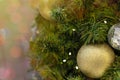 Christmas background celebrate decorated Christmas tree with golden sparkle ball above green leaf background Royalty Free Stock Photo