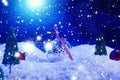 Christmas background with Christmas balls on snow over fir-tree, night sky and moon. Shallow depth of field. Christmas background Royalty Free Stock Photo