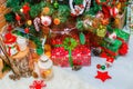 Christmas background with Christmas decoration with stars, cones, snowman. Happy New Year and Xmas Royalty Free Stock Photo