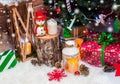 Christmas background with Christmas decoration with stars, cones, snowman. Happy New Year and Xmas Royalty Free Stock Photo