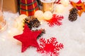 Christmas background with Christmas decoration with stars, cones, snowman. Happy New Year and Xmas theme Royalty Free Stock Photo