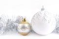 Christmas tree decorations balls and silver tinsel Royalty Free Stock Photo