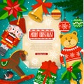 Christmas background with Christmas elements, toys, decorations and snow in cartoon style.