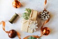 Christmas background. Christmas present wrapping over gray table. Creative Flat layout and top view composition Royalty Free Stock Photo