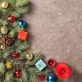 Christmas background with Christmas tree decorated colorful Christmas decorations, top view