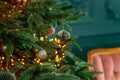 Christmas background, Christmas tree with festive balls and decorations, magic bokeh lights. Copy space, soft selective focus Royalty Free Stock Photo