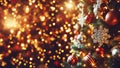 christmas background with a christmas tree, globe ornaments and blurred lights on a warm tone Royalty Free Stock Photo