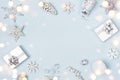 Christmas background composed of decorative gifts, snowflake ornaments and toys