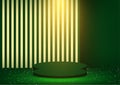 Christmas background concept. Stage podium decorated with light for show isolated on wall green backdrop. Pedestal scene.