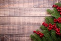 Christmas background concept. Top view of Christmas gift box red sock with spruce branches, pine cones, red berries Royalty Free Stock Photo