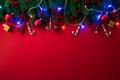 Christmas background concept. Top view of Christmas gift box red sock with spruce branches, pine cones, red berries Royalty Free Stock Photo