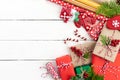 Christmas background concept. Top view of Christmas green and red gift box with snowman decoration Royalty Free Stock Photo