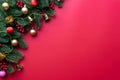 Christmas background concept. Top view of Christmas gift box red sock with spruce branches, pine cones, red berries