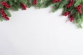 Christmas background concept. Top view of Christmas gift box red balls with spruce branches, pine cones, red berries and bell on