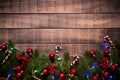 Christmas background concept. Top view of Christmas gift box red sock with spruce branches, pine cones, red berries Royalty Free Stock Photo