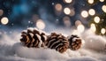 christmas background with cones A snowy Christmas with a pine cone banner and a fir branch. The pine cones are covered with snow Royalty Free Stock Photo