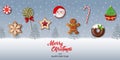 Christmas background with cookies, candies and cakes on snowy landscape