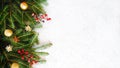 Christmas background. Copy space, banner format. Branches of Christmas tree with decorations. Top view. Royalty Free Stock Photo