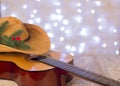 Christmas background.Country music with acoustic guitar and amer Royalty Free Stock Photo