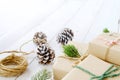 Craft and handmade Christmas present gift boxes and rustic decoration. Royalty Free Stock Photo