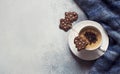 Christmas background with cup of coffee, chocolate cookies and k Royalty Free Stock Photo