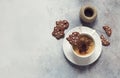 Christmas background with cup of coffee, chocolate cookies and s Royalty Free Stock Photo