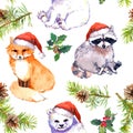 Christmas background - cute animals in red santa`s hats, pine branches. Repeating pattern. Watercolor Royalty Free Stock Photo