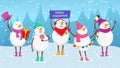 Christmas background. Cute cartoon snowman, new year snowy balls with garland, ice cream, candy vector illustration