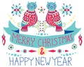 Christmas background with cute decorations and funny Owls