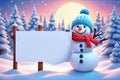 Christmas background, cute happy snowman wearing knitted cap and scarf, holding blank banner