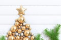 Christmas background 3d rendering many gold ball and star wood floor top view Royalty Free Stock Photo