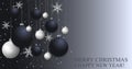 Christmas background with dark blue and white Christmas balls and silver snowflakes. Happy New Year decoration. Elegant Xmas Royalty Free Stock Photo