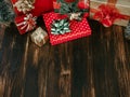 Christmas background on dark wooden board Royalty Free Stock Photo