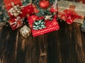 Christmas background on dark wooden board Royalty Free Stock Photo