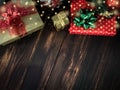 Christmas background on dark wooden board Royalty Free Stock Photo